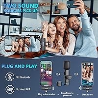 Vista 3 de Micrófono inalámbrico RICCHI para iPhone, iPad y teléfono Android, 2 piezas de micrófonos mini profesionales Plug-Play con clip para vlogging