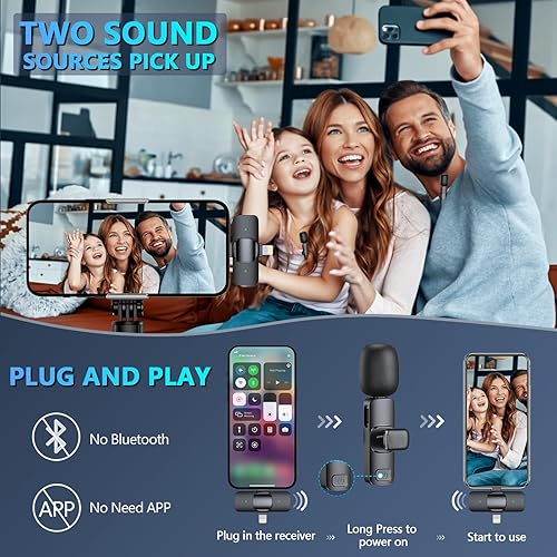 Miniatura 3 de RICCHI Micrófono inalámbrico para iPhone, iPad y teléfono Android, 2 piezas de mini micrófono profesional Plug-Play Clip en micrófonos para