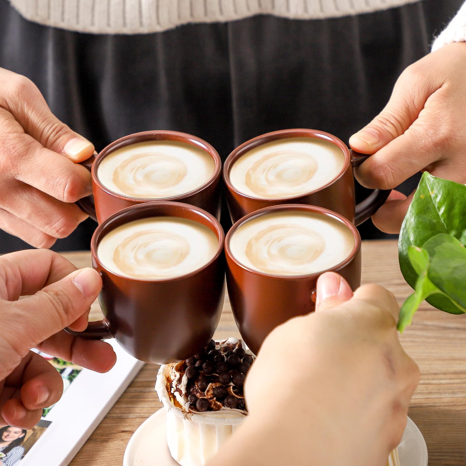 Hasense Stapelbare Mini-Espressotassen und Untertassen aus Porzellan, 118 ml, Keramik, klein, Demitasse, Espressotassen mit Deckel, für Nespresso, Lungo, Latte, Café, Mokka und Tee, Braun, 6 Stück