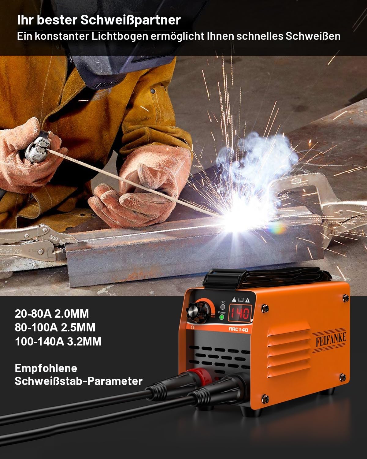 FEIFANKE ARC140 Ultra Mini Inverter Schweißgerät – 140 A IGBT DC Elektroden Schweißgerät mit Lift TIG, LED-Anzeige, Anti-Stick, 210 x 130 x 90 mm