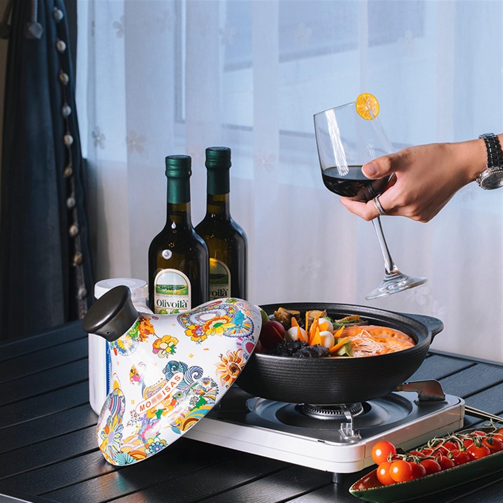 Bedruckter Tajine Topf Langlebiger Keramik- Tagine Marokko Mit Konischem Deckel, Auflaufform Zum Köcheln Von Eintöpfen, Currys, Kochen