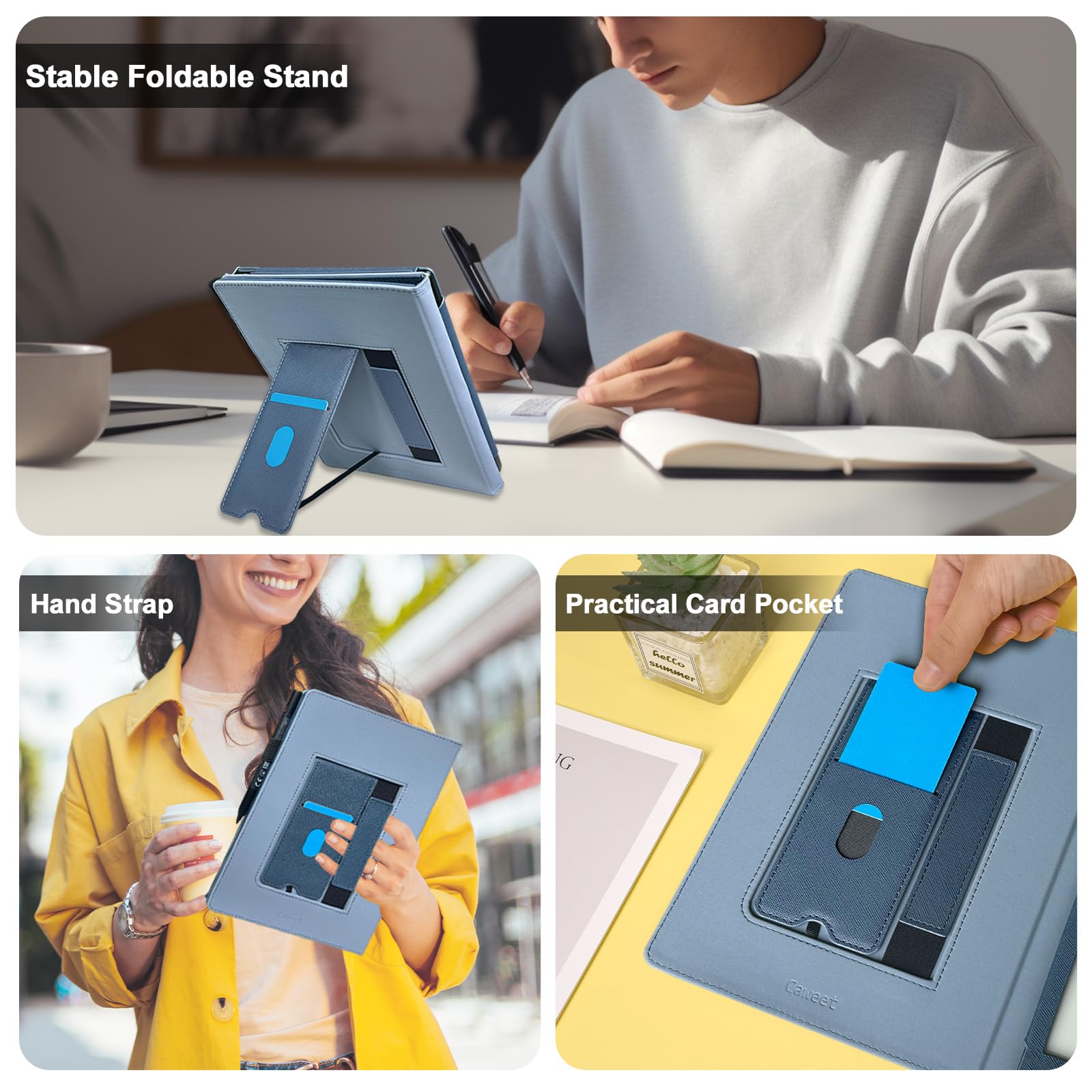Caweet Etui do Pocketbook InkPad One 10,3 cala (model 2026), wysokiej jakości etui ze skóry PU ze składanym stojakiem, przegródką na karty i paskiem na rękę, niebieskie