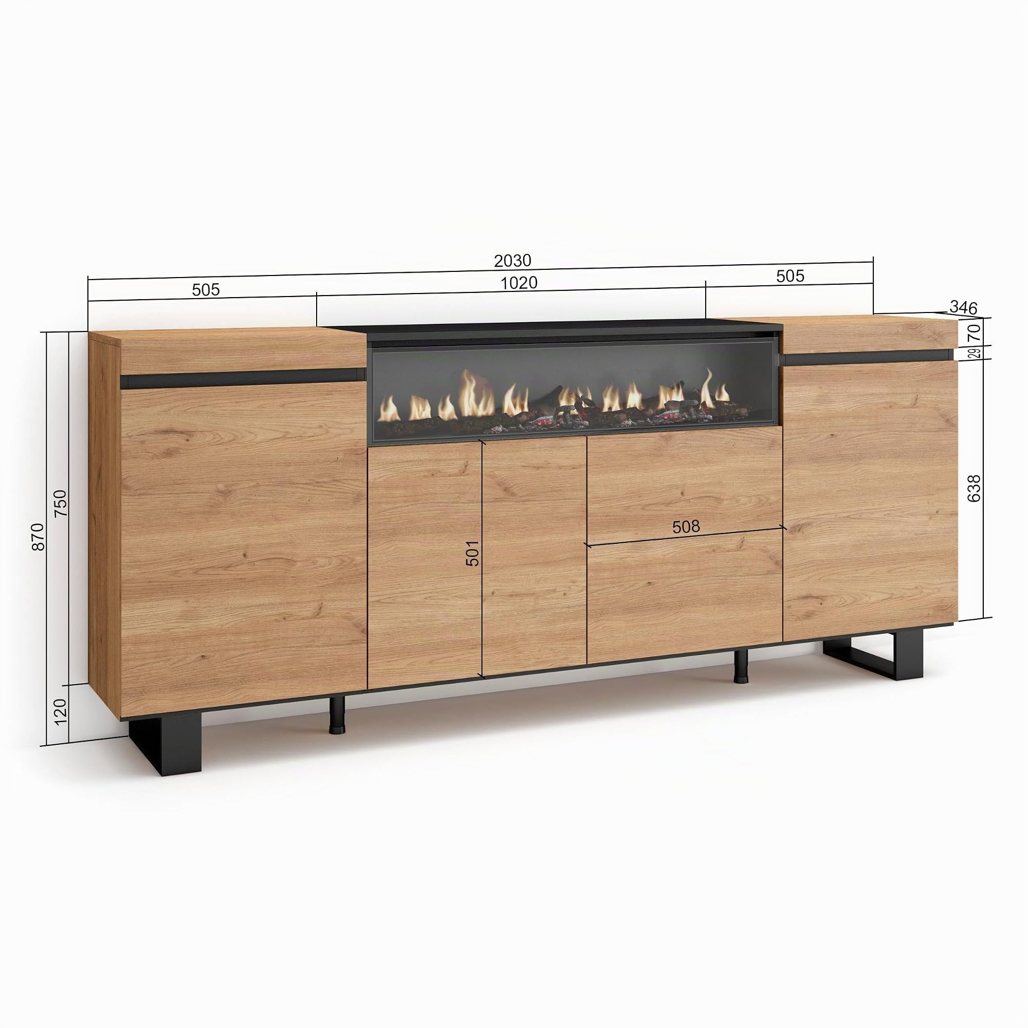 Skraut Home | Aparadores para salón | Gran Capacidad de almacenaje | 200x87x35cm | 4 Puertas | Chimenea eléctrica | Diseño Industrial | Estilo Moderno | Roble y Negro