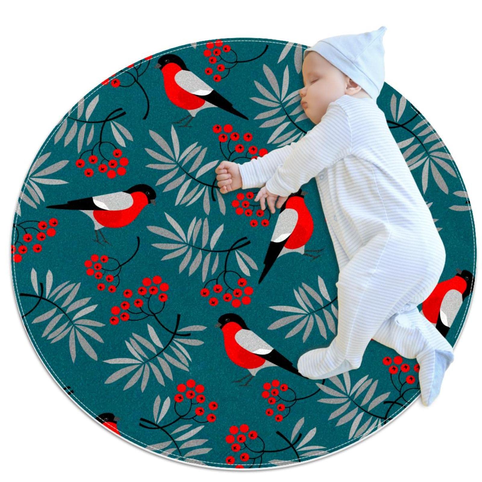 Tapis de salle de bain rond 1m motif bouleau et baies rouges antidérapant