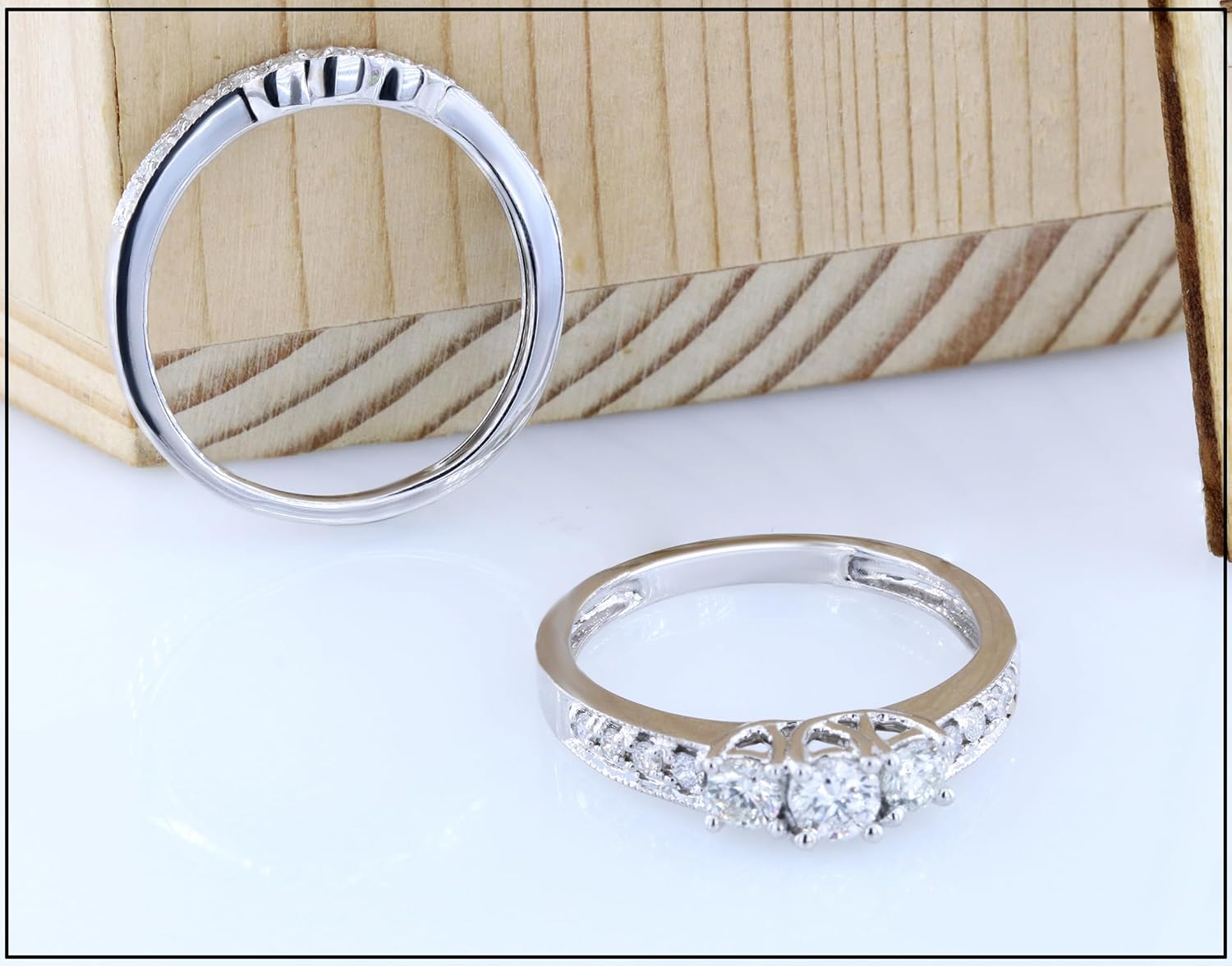 Dazzlingrock Collection 0.70 Ctw 14K 3 Stone Womens Round Diamond Engagement Bridal Matching Band Set 3/, Solid White Gold