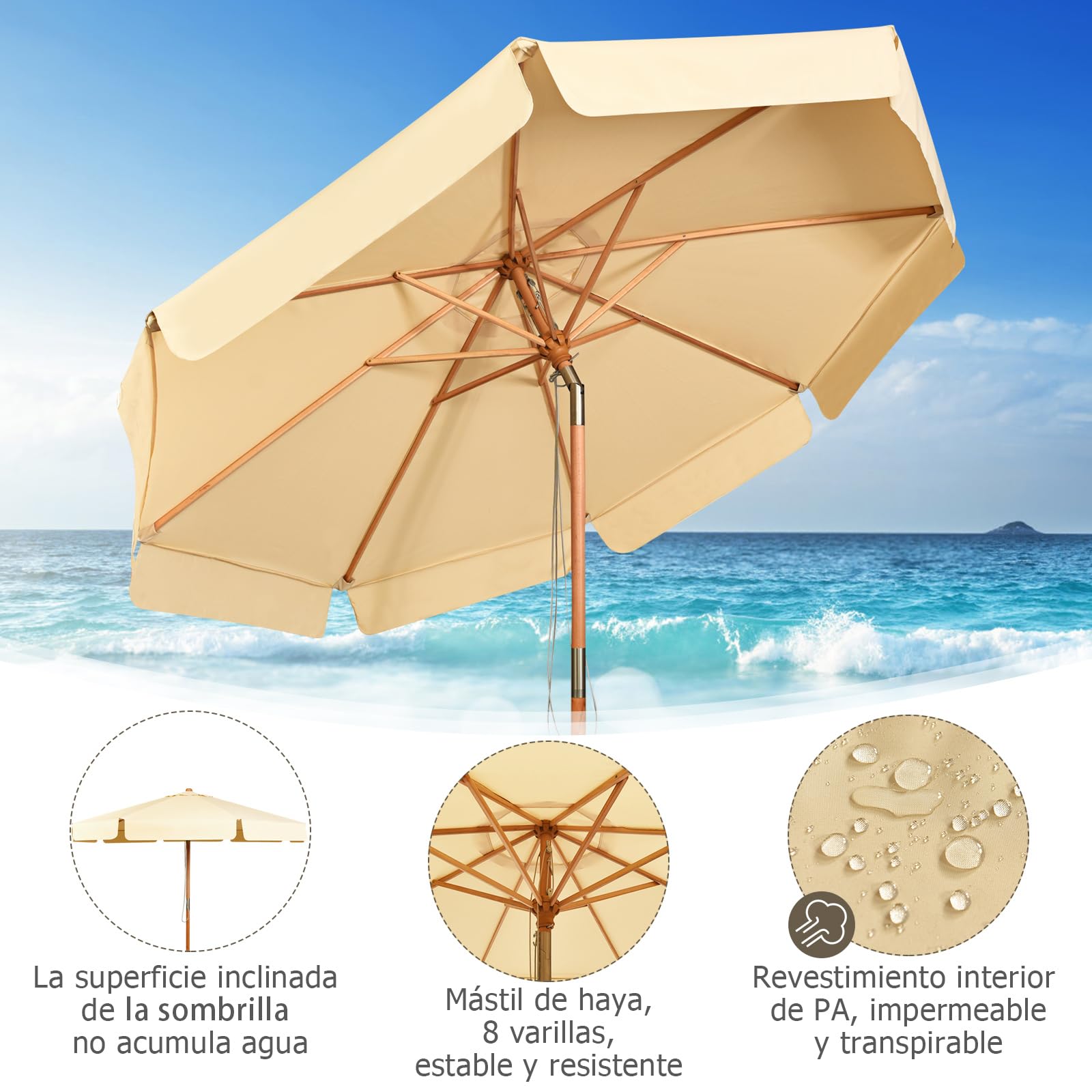 GOPLUS Sombrilla Ø300cm de Madera y Tejido de Poliéster, Parasol Inclinable y Plegable con Protección Solar y Impermeable, Sombrilla de Manivela para Exterior Playa Terraza Jardín Piscina, sin Base