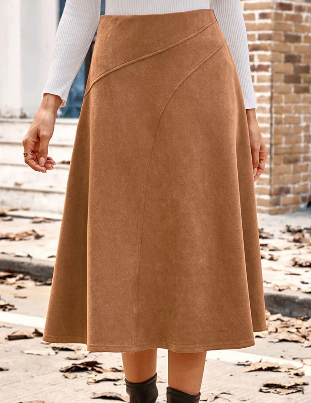 Kate Kasin Jupe Midi en Daim Synthétique pour Femme Taille Haute Élégante Coupe A
