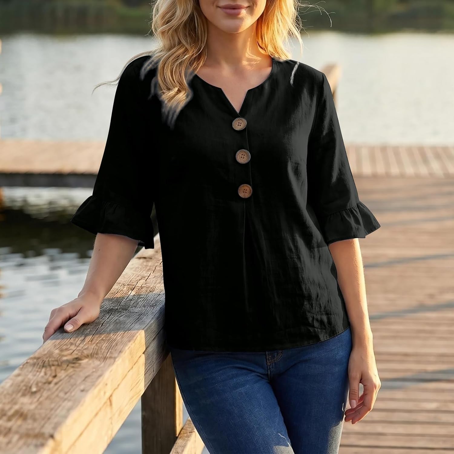 for Women Button Down V Neck 3/4 Sleeve Ruffle Gauze Shirts Lightweight Casual Blouses