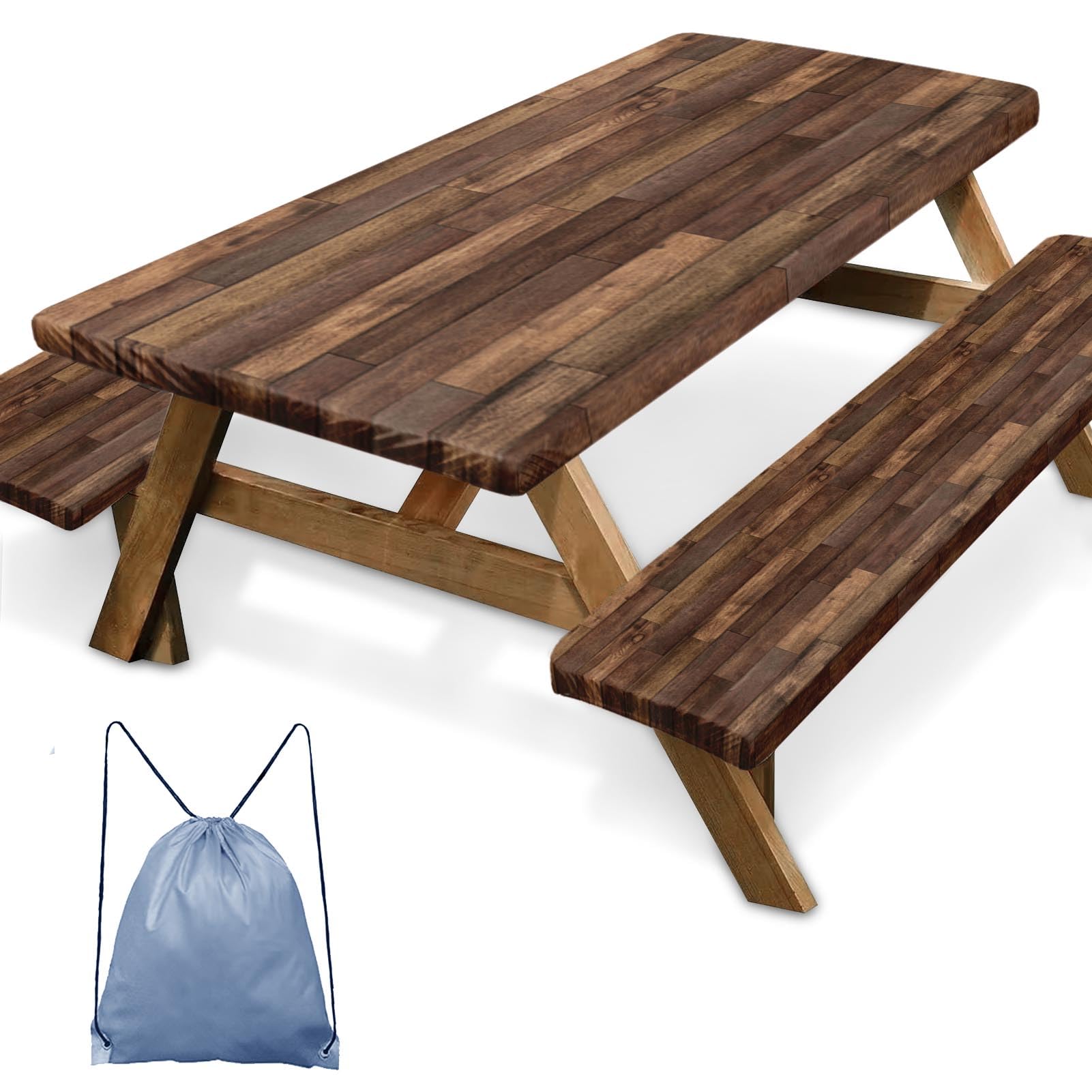 Photo 1 of Britown Picnic Table Cover with Bench Covers Elastic Edges, Brown Wood Fitted Table Cover, Outdoor Patio Camping Essentials 96 Inch 3PCS, Waterproof Camping Fitted Tablecloth with Drawstring Bag