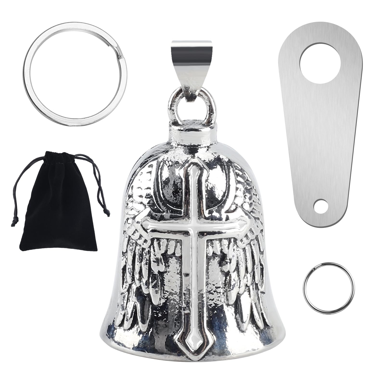 Vagcars Unisex White Motorcycle Guardian Bell Angel,Biker Luck Riding Spirit Bell With Hanger,2 Key Chain Rings,Organiser Bag,Good Luck Charm Gift For Riders (White)