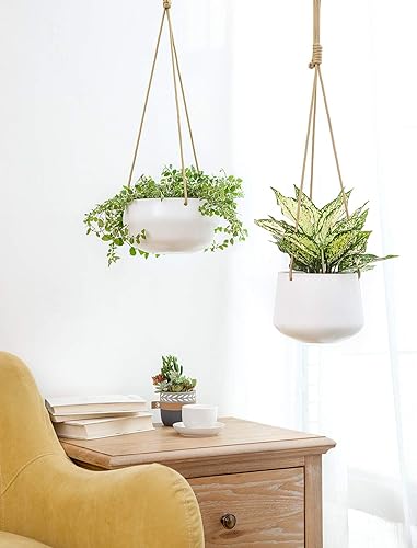Miniatura 2 de Mkono Macetero colgante de cerámica y ganchos de techo, poco profundos de 8 pulgadas y 6 pulgadas de profundidad para plantas de interior y
