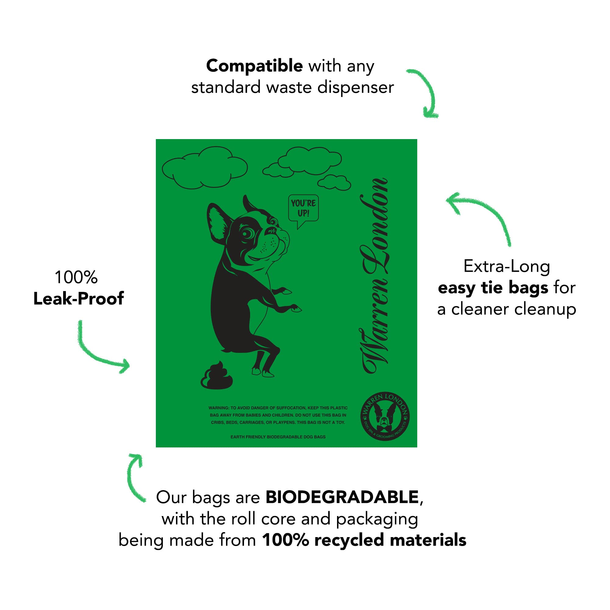 Warren London Bolsas de caca para perros y mascotas, bolsas biodegradables para caca de perro para limpiar residuos de mascotas | Caja de 8 rollos