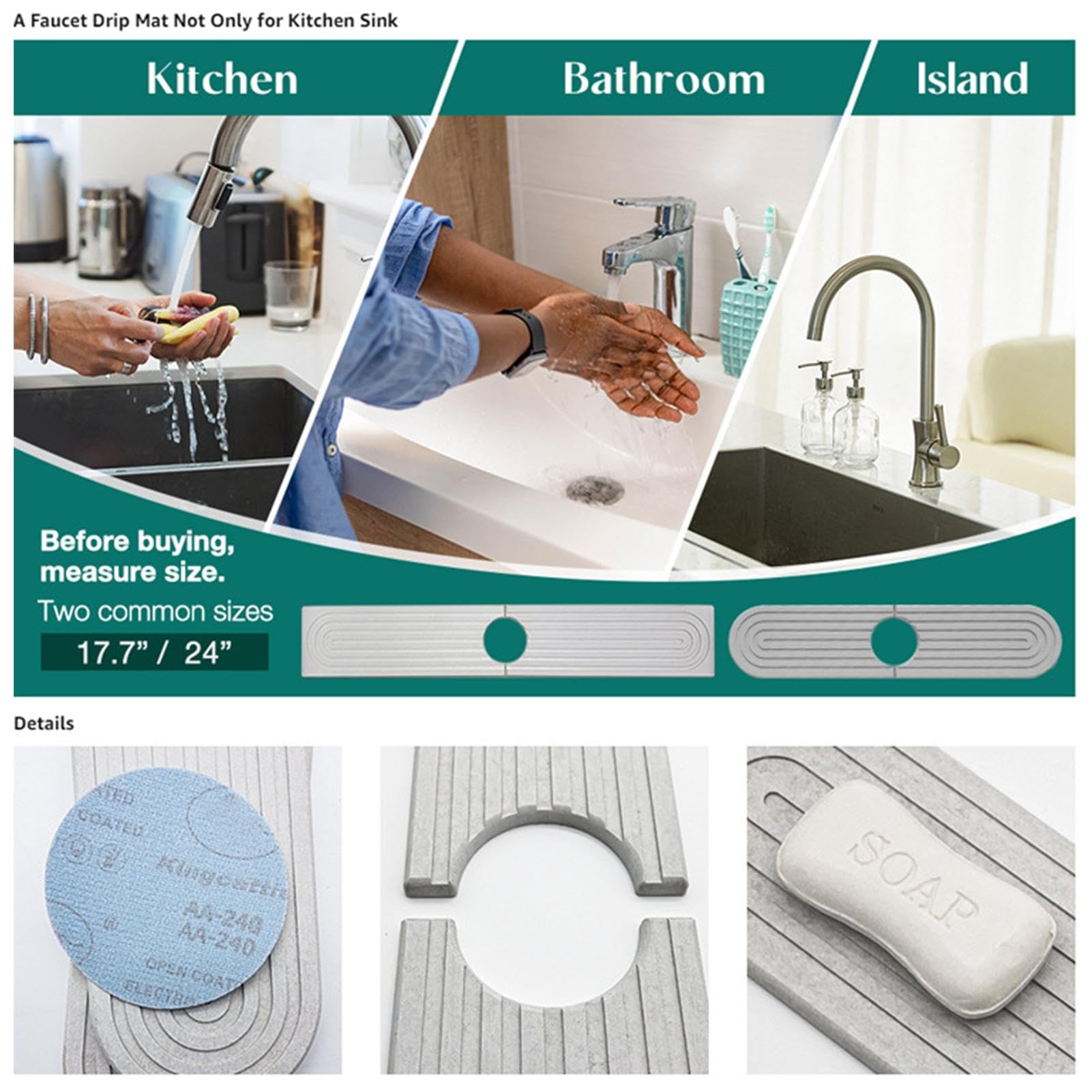 2 Tappetini Assorbenti Per Rubinetto - In Microfibra, Paraspruzzi Per Cucina E Bagno, Lavabile, 46x10 Cm - Foto 6