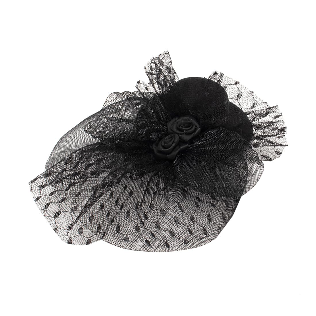 Fascinator Hat with Hexagonal Mesh Veil Bow and Roses | Two Alligator Clips for Grip | Hair Accessory for Weddings, Outings and Special Events