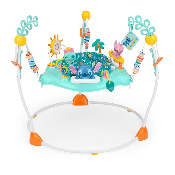 Bright Starts Disney Stitch Little Ohana Baby Activity Jumper with Interactive Toys, Lights & Music with Stitch, Angel & Scrump, 6-12 Months (Blue)