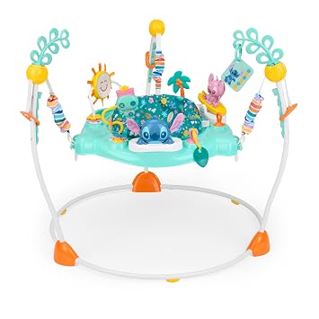 Bright Starts Disney Stitch Little Ohana Baby Activity Jumper with Interactive Toys, Lights & Music with Stitch, Angel & Scrump, 6-12 Months (Blue)