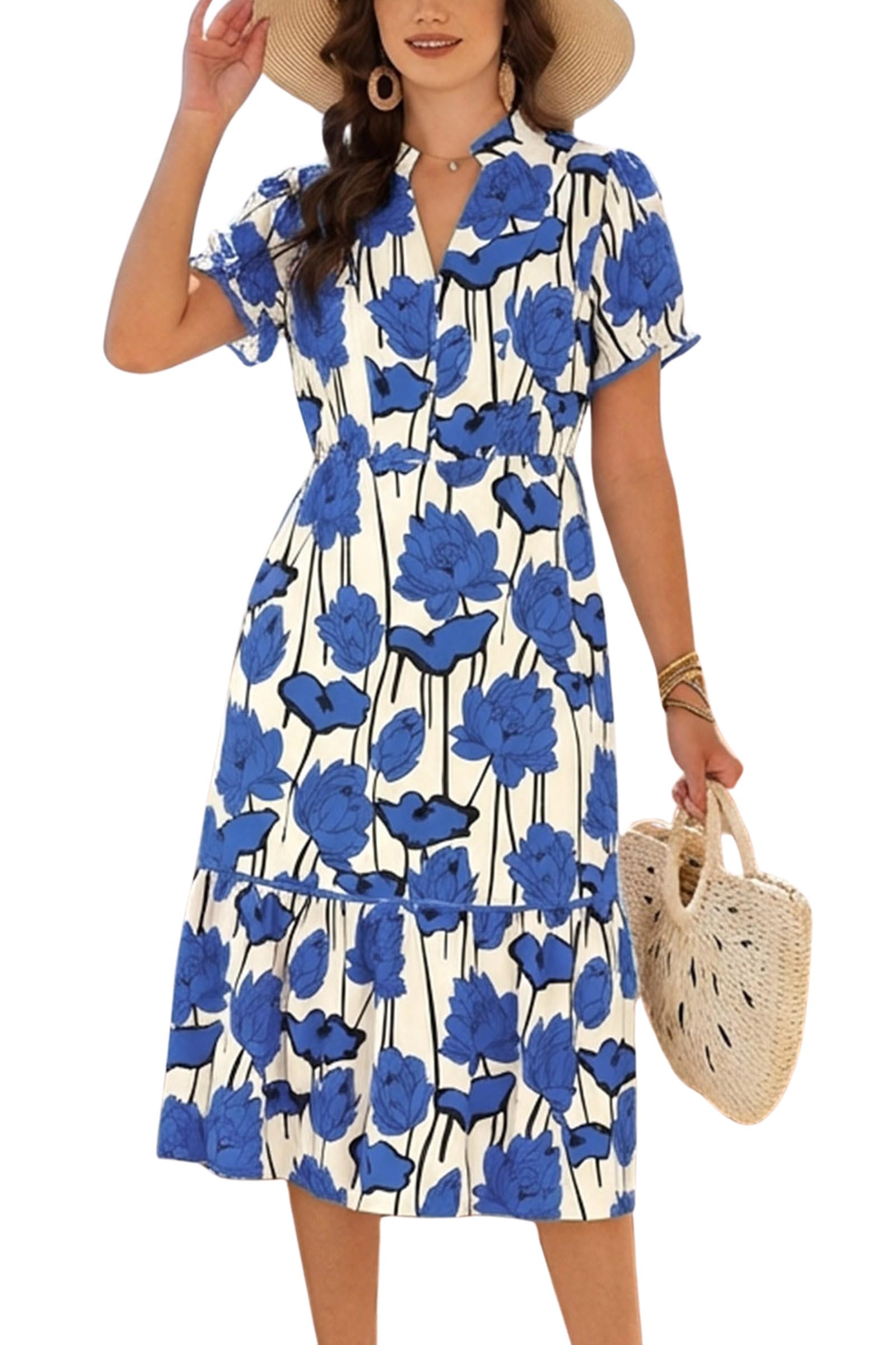 ECOWISH Women Summer Casual Dress - V Neck Short Sleeve Gingham Midi Pleated Tiered Loose Fit Holiday Picnic Dresses