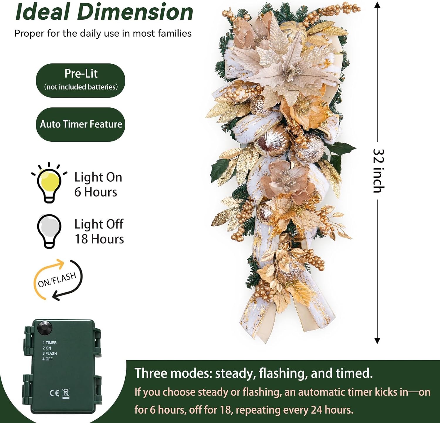 Pinkpuii 32" Christmas Swags with Lights– Large Gold Holiday Christmas Teardrop Swag Wreath with Velvet Ribbon Bow,Ball Ornaments,Flowers & Pine Needles for Front Door Fireplace Porch,Wall Decor