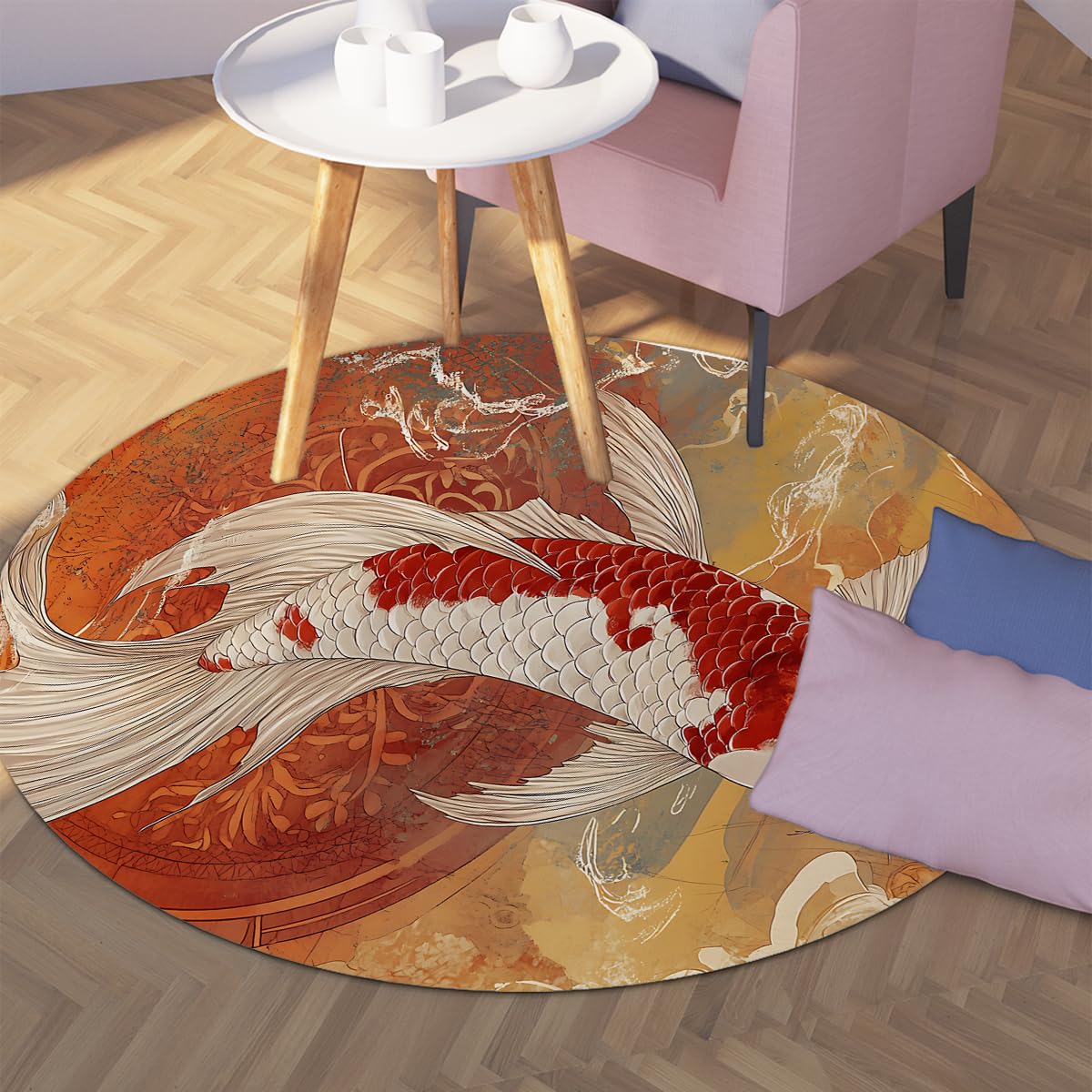 Okrągłe dywany w stylu retro 90 cm koi ryba okrąg dywan azjatycki japoński wystrój domu dywaniki do salonu antypoślizgowe niskie runo nie gubi włosia zmywalny dywan do sypialni biura