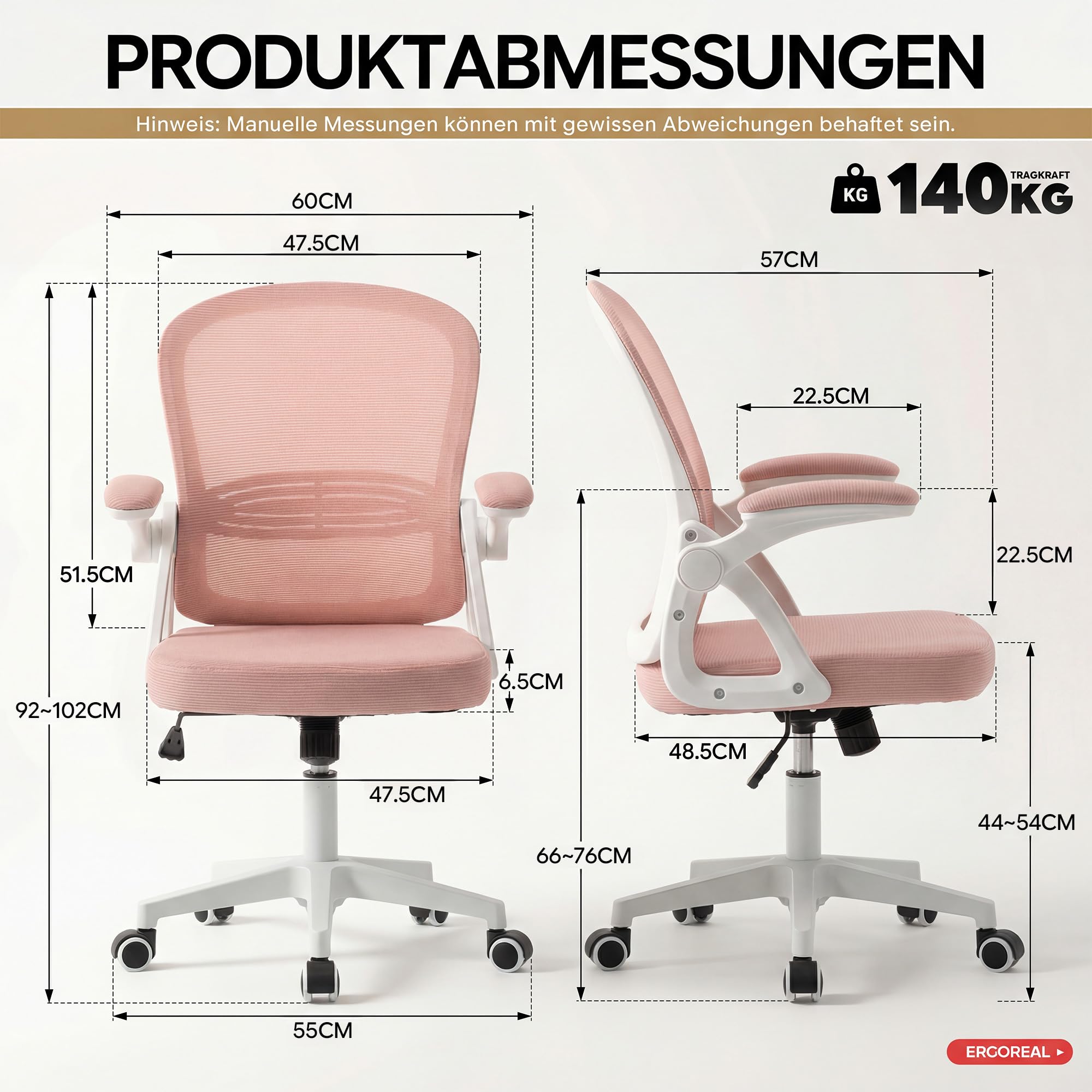 Ergonomischer Bürostuhl, 90-110° Verstellbare Rückenlehne & Aufklappbare Armlehnen (90°), Bürostuhl mit Rollen & Höhenverstellung,Homeoffice & Arbeitszimmer (Kirschblütengrau)
