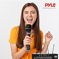 Vista 2 de Pyle Micrófonos inalámbricos, micrófonos duales UHF profesionales para karaoke, sistema de micrófono dinámico inalámbrico con receptor recargable