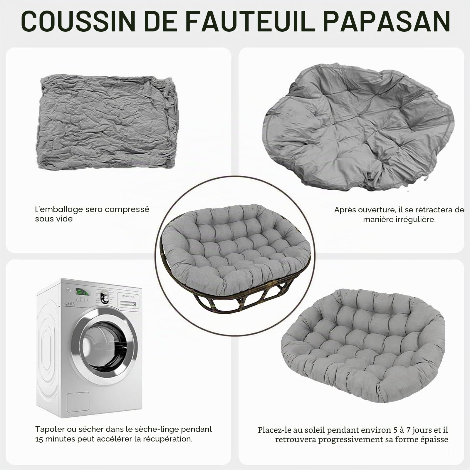 ZTGL Coussin Double Fauteuil Papasan, Impermeable Coussin Fauteuil Papasan Ovale, Gros et Epais Coussin Fauteuil Rotin Exterieur, Coussin Fauteuil Suspendu Oeuf Jardin Exterieur,Beige,170x120cm