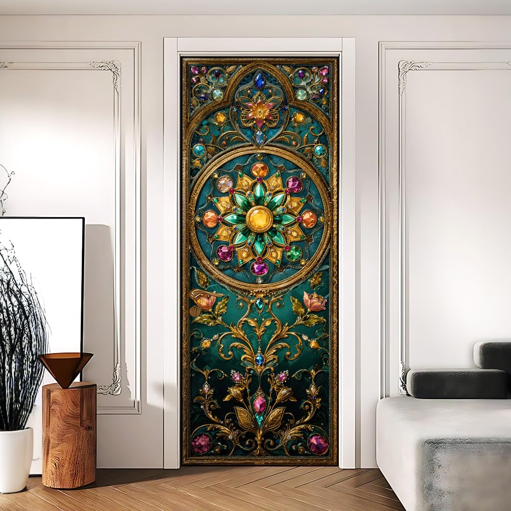 Baroque Door Mural, Teal Gold Jeweled Door Cover, 30.3x78.7in