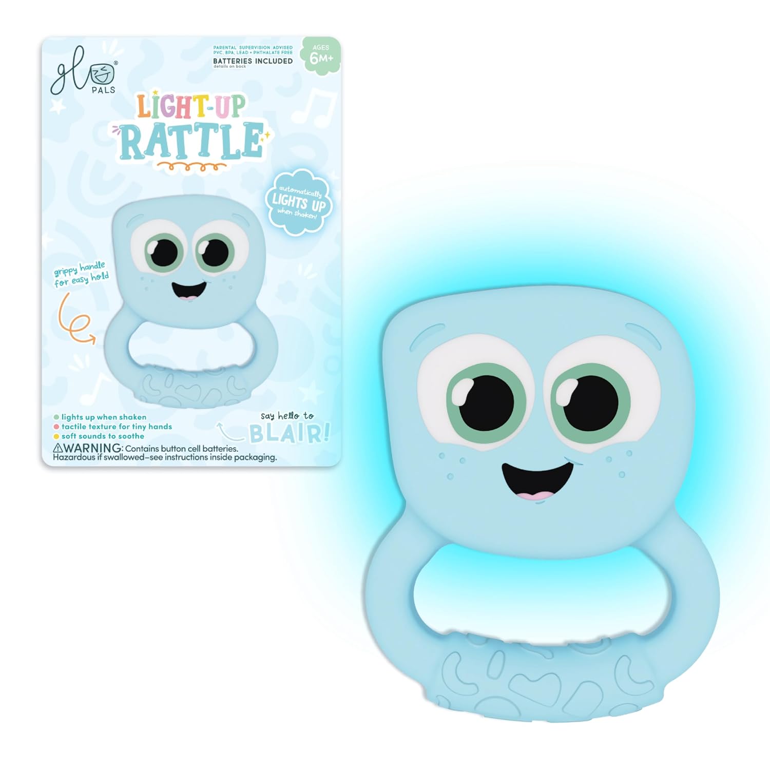 Glo Pals Light Up Rattle, Sensory Baby Rattle, Soft Silicone Toy, Blair | Glows 9 Colors With Every Shake, BPA Free Silicone, Builds Motor Skills, Encourages Visual Tracking, Cause & Effect Learning
