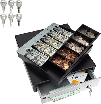 HK SYSTEMS 16inch Heavy Duty Manual Push-Open Cash Drawer with 5Bill/5Coin, Removable Till, Stainless Steel Front with Single Large Media Slot, Black