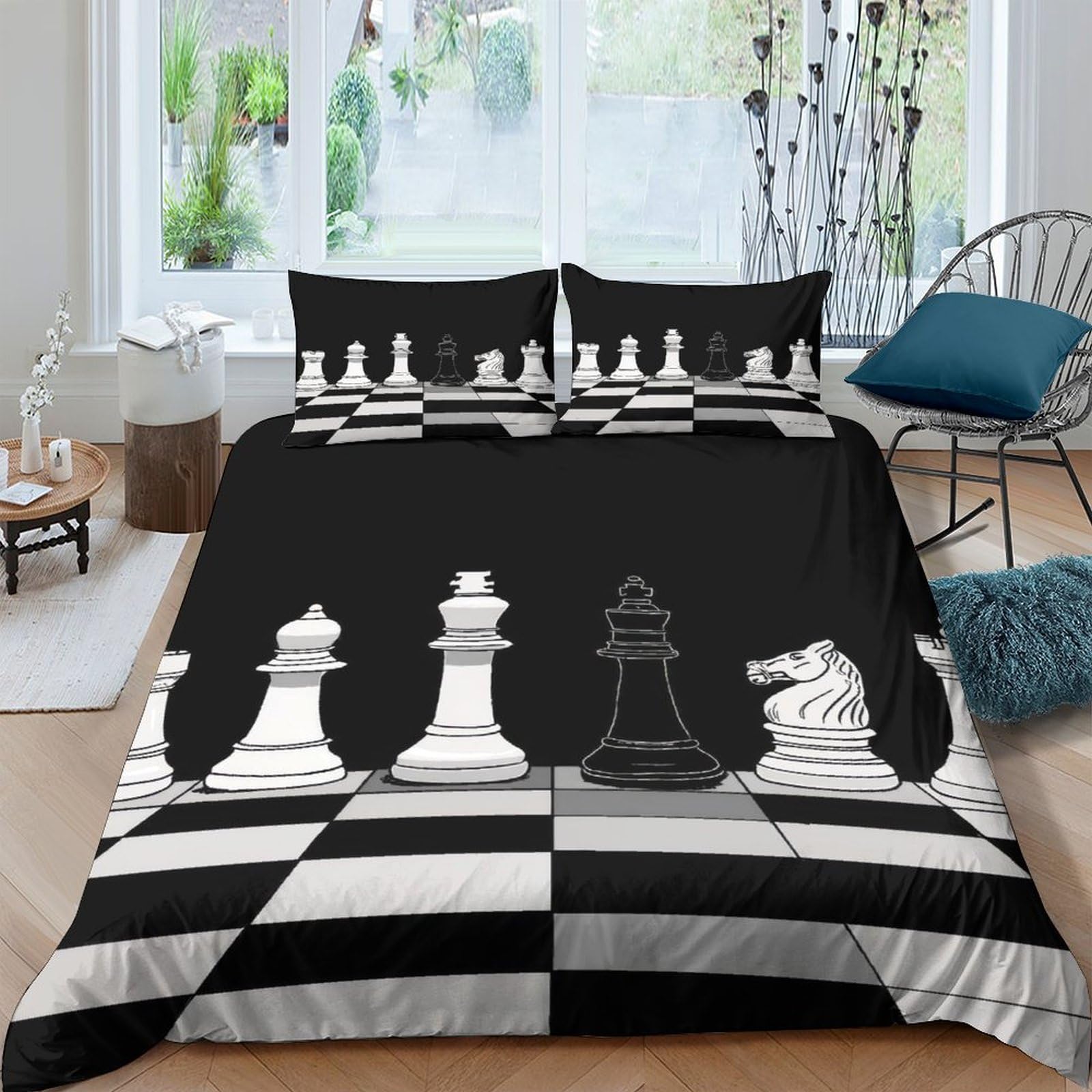 Ctjqhvkz Style-3 3D Printed Chess Board Fitted Sheet Microfiber Black White Chess Pieces Bed Cover For Bedroom Guest Room Decor Single（135X200cm）