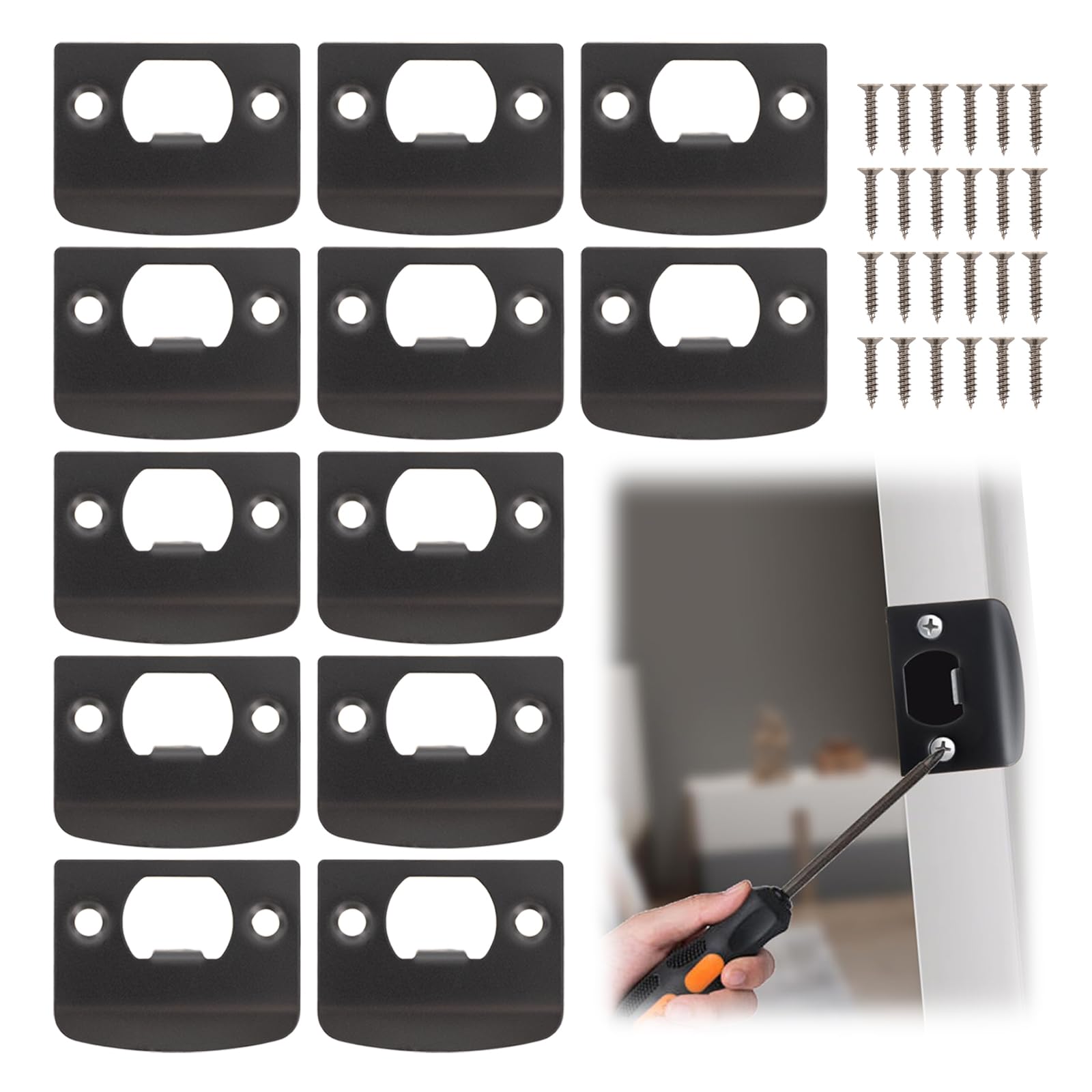 Lot de 12 gâches de porte avec 24 vis renforcées, plaques de porte pour portes intérieures pour bouton ou loquet, finition noire mate