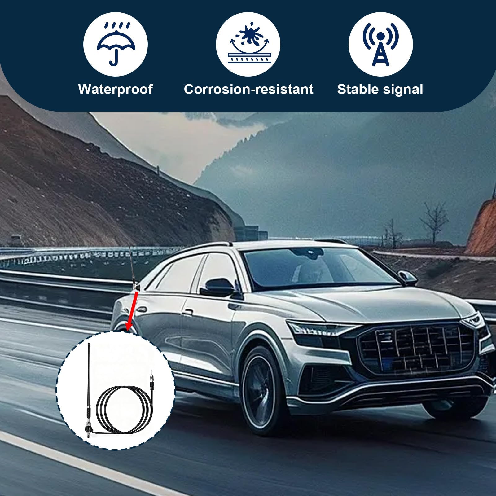 Antenna Radio Marina, Antenna Barca AM FM Universale 16 Pollici in Gomma Flessibile con Rotazione 180°, Per Barche, Jeep, Trattori e Veicoli da Costruzione, Compatibile Autoradio DIN con Cavo Prolunga