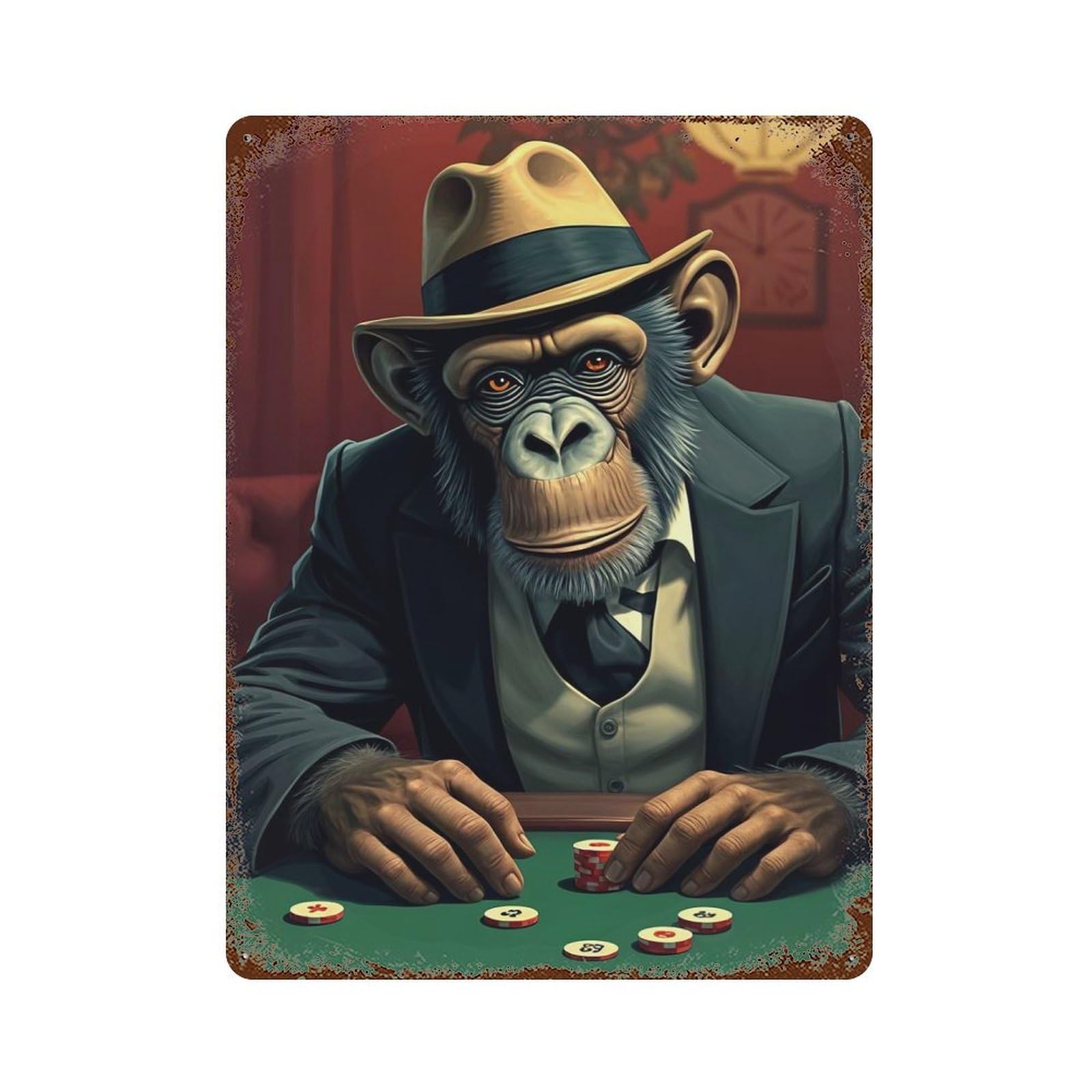 Rust Effect Monkey Poker Decorative Tin Sign 15.7"x11.8", Rustic Home Decor for Cafe, Home Bar And Lounge Decor