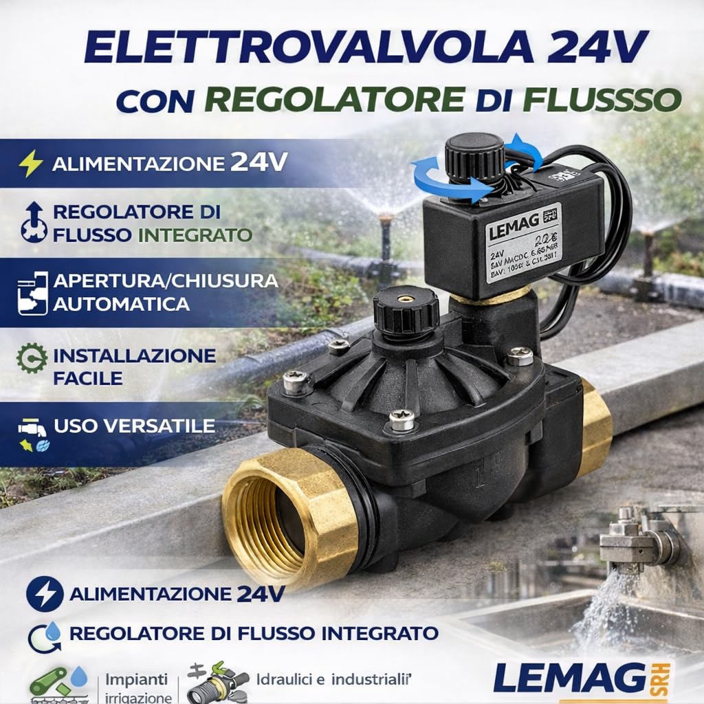 Elettrovalvola 24V con Regolatore di Flusso Controllo Acqua e Fluidi Automazione Impianti Irrigazione e Industriale