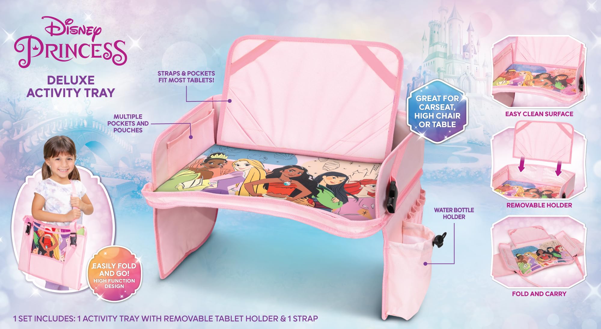 Disney Princess Bandeja de viaje para niños, bandeja de asiento de coche para niños, bandejas de coche para niños, artículos esenciales y actividades de viaje por carretera