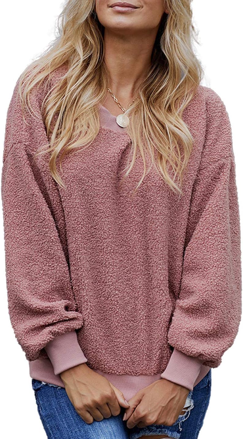 Flygo Womens Girls Casual Loose Fuzzy Fleece Crewneck Pullover Sweatshirt Outwear