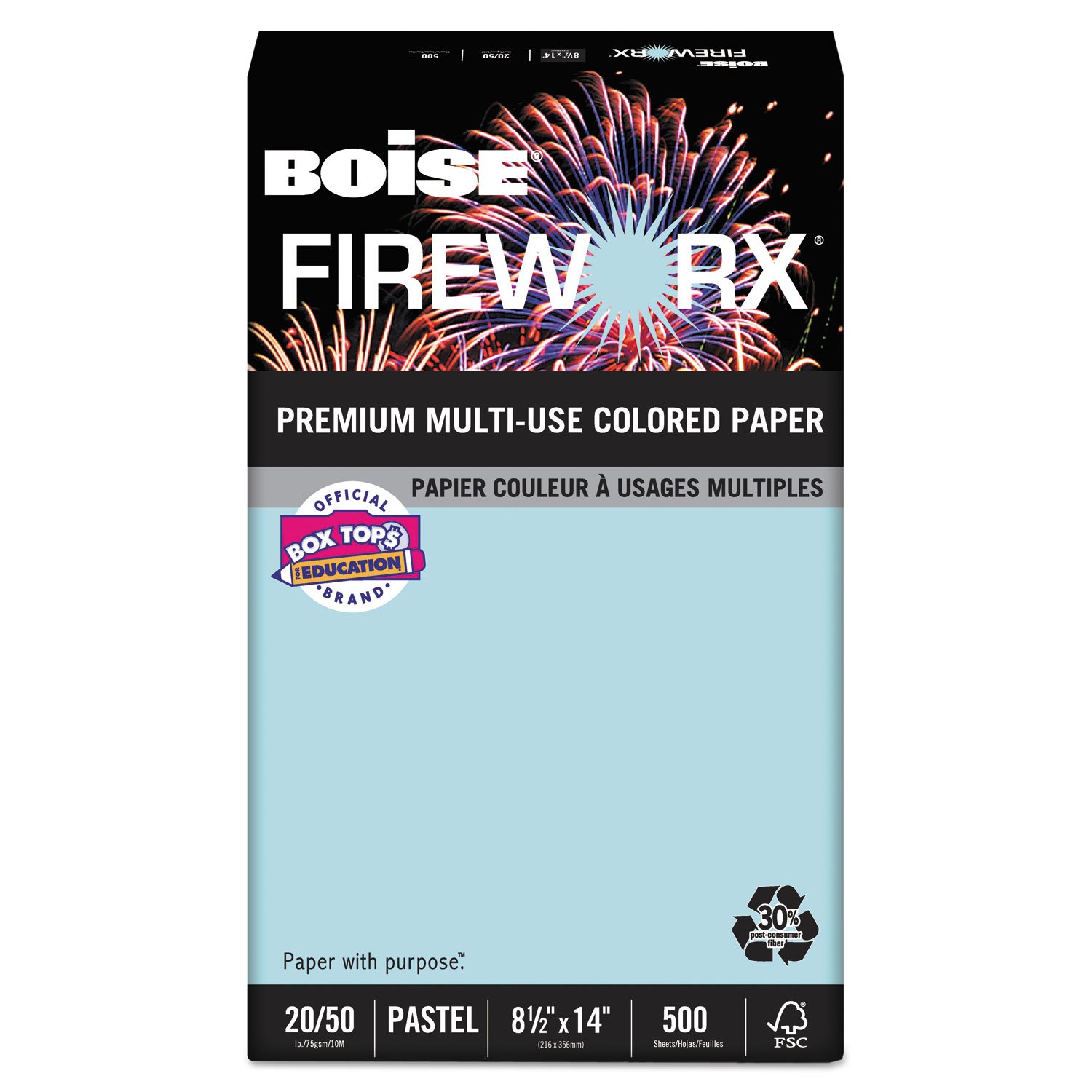 Boise Fireworx Colored Paper, 20 lbs., 8-1/2 x 14, Bottle Rocket Blue, 500/Ream (MP2204-BE)