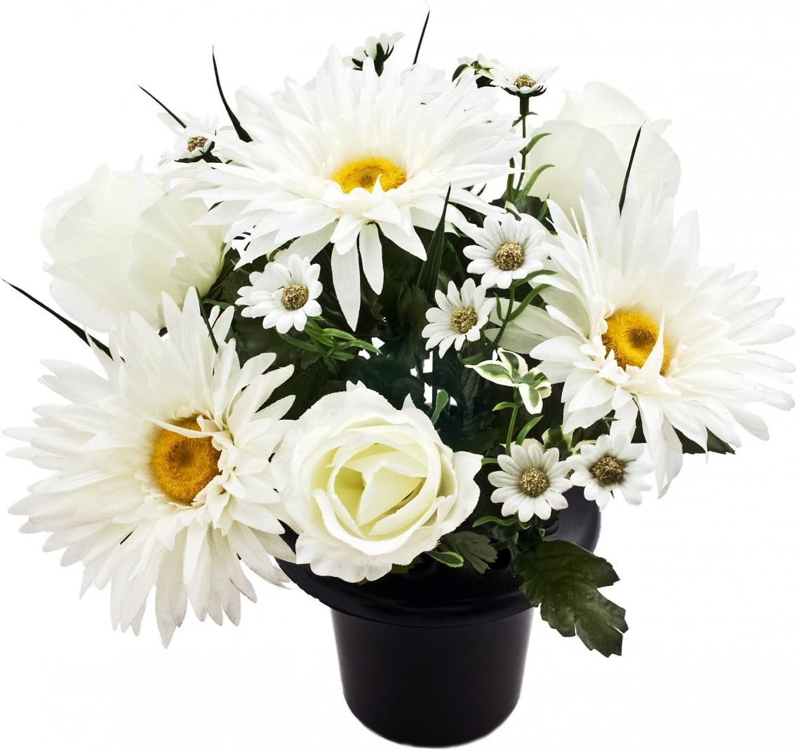 ARTIFICIAL CREAM ROSE GERBERA AND DAISY GRAVE VASE INSERT POT MEMORIAL