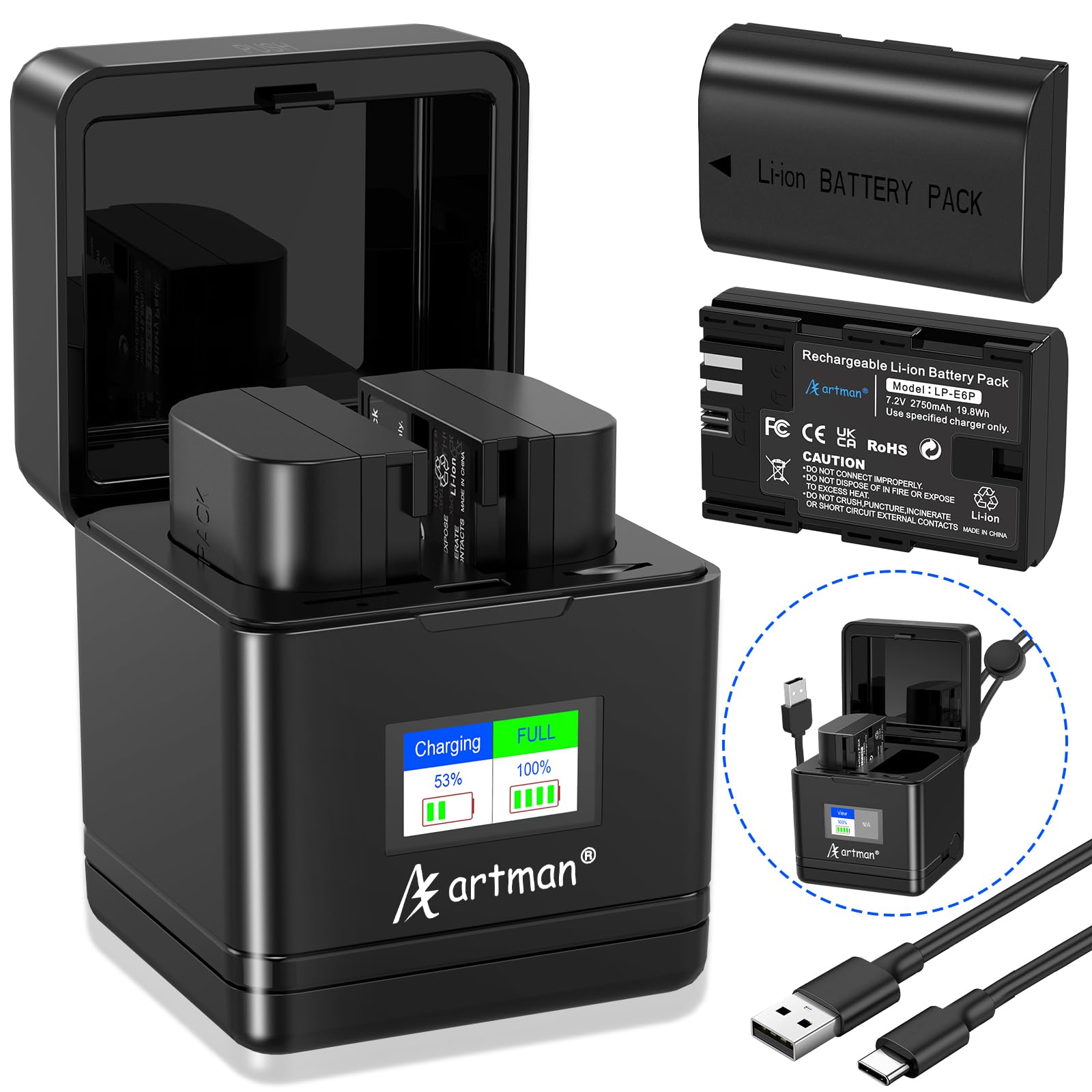 Ayex Caricatore Doppio USB Con Display LCD Per Batterie Canon LP-E6 - Compatibile Con EOS R, R5, R6, 5D, 6D, 7D, 80D, 90D E Più