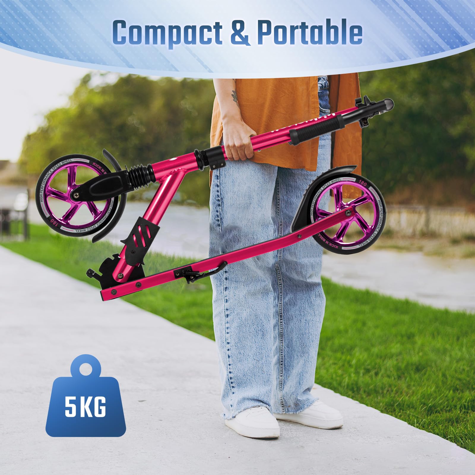 Leogreen Trottinette Scooter Pliable Trottinette Stableen Aluminium | Hauteur de Guidon Réglable, avec Béquill, Roues à 180 mm, pour Adultes et Adolescents à 100kg