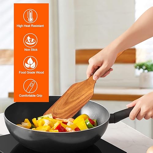 Miniatura 4 de La mejor espátula de madera para cocinar, utensilios de cocina antiadherentes, juego de 4 espátulas de madera de teca, espátula plana ranurada para
