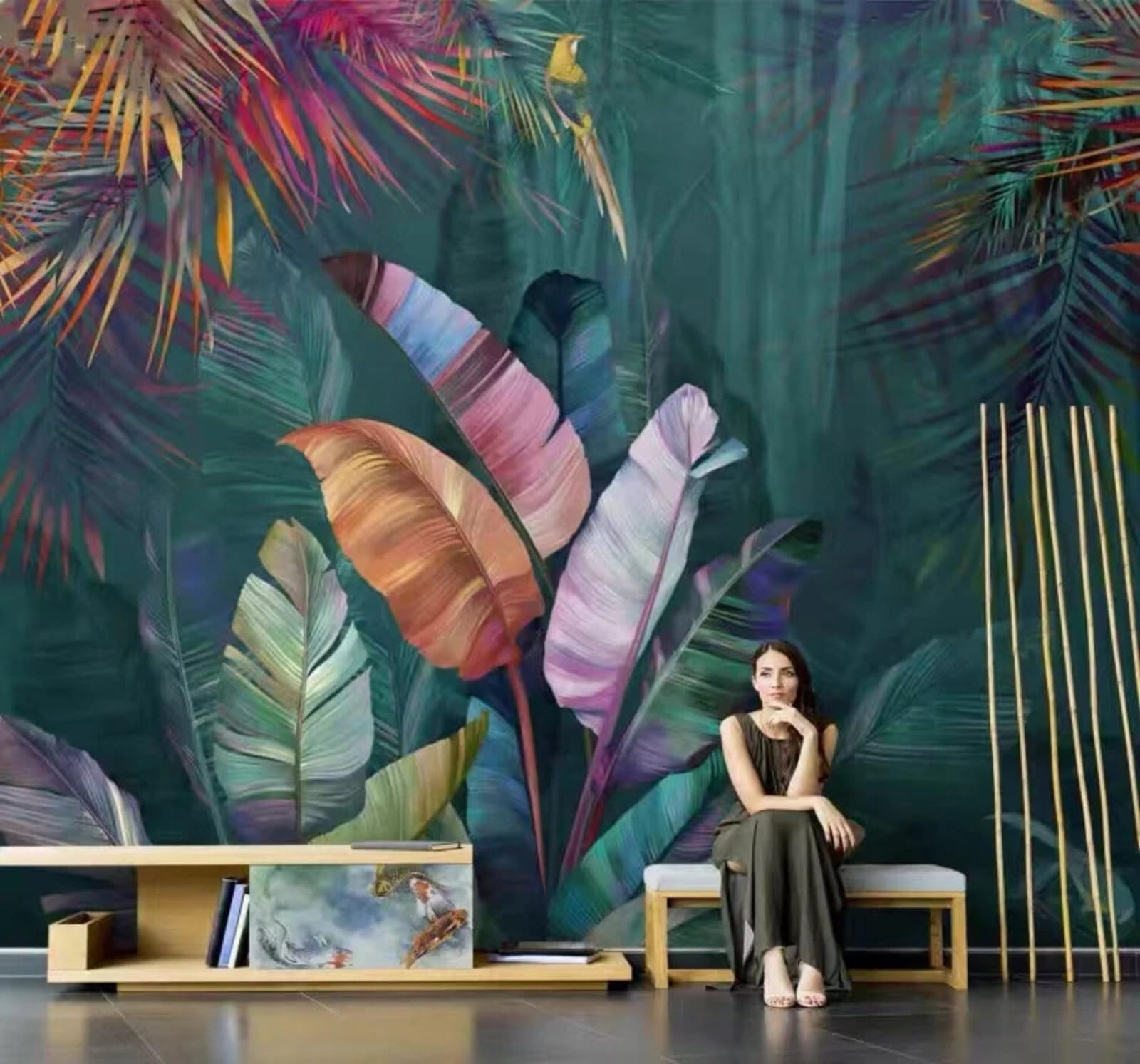 Wallpaper-3D-Xlm 250Cm×170Cm(B×H) Fresh Colourful Tropical Plants Banana Leaves 3D Wallpaper Easy Install Feature Office Living Room Sofa Bedroom Tv Background Wall Decoration-250Cm×170Cm