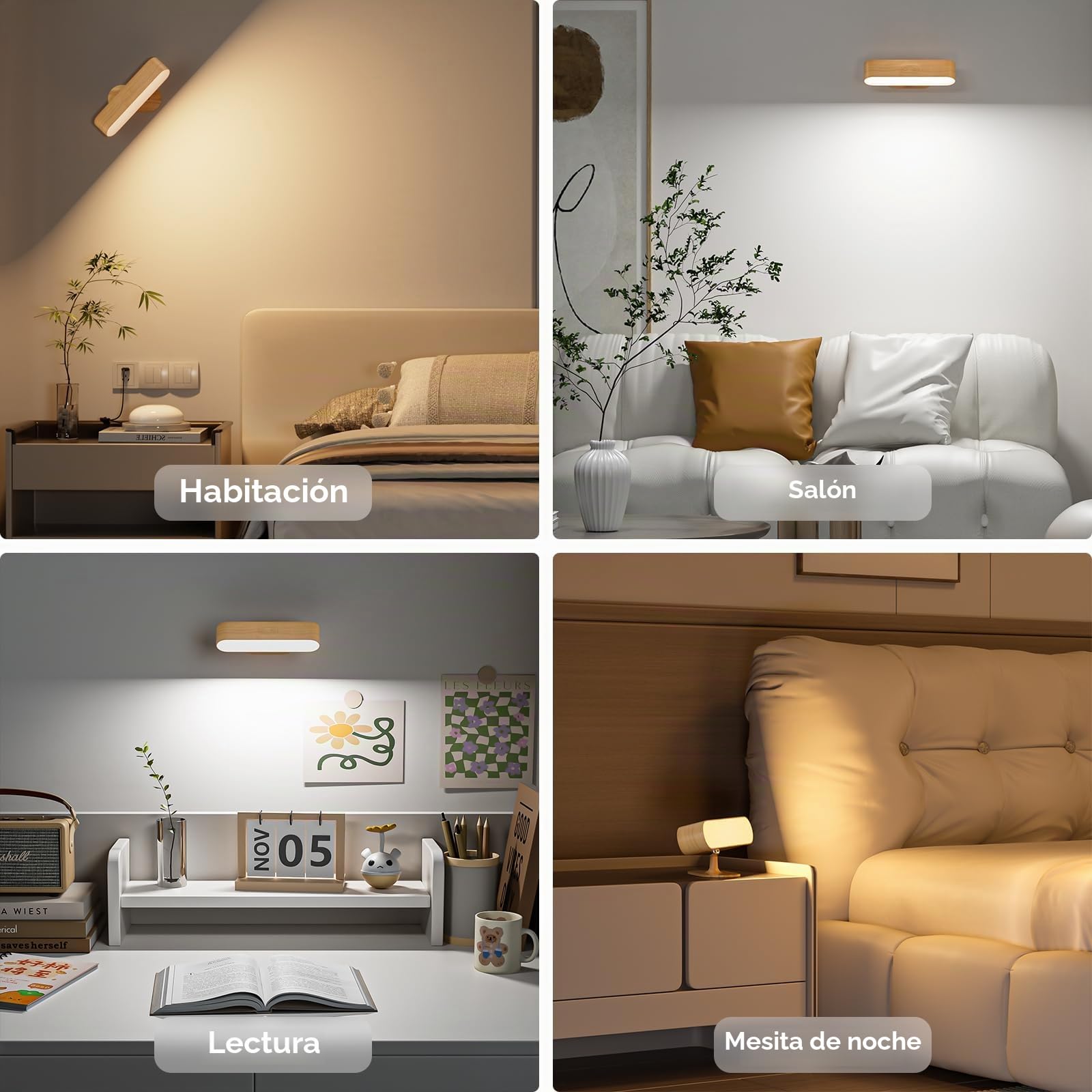 Hensam Apliques de pared accionados por batería, juego de dos apliques de pared LED inalámbricos para dormitorio, luces de pared recargables para cuadros, lámparas de pared regulables de 5 modos para