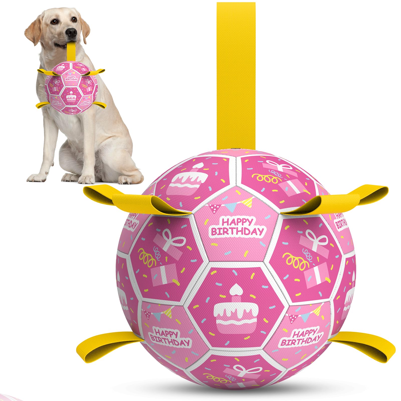 QDAN Dog Birthday Toys, Puppy Gifts, Dog Soccer Ball with Straps, Pink