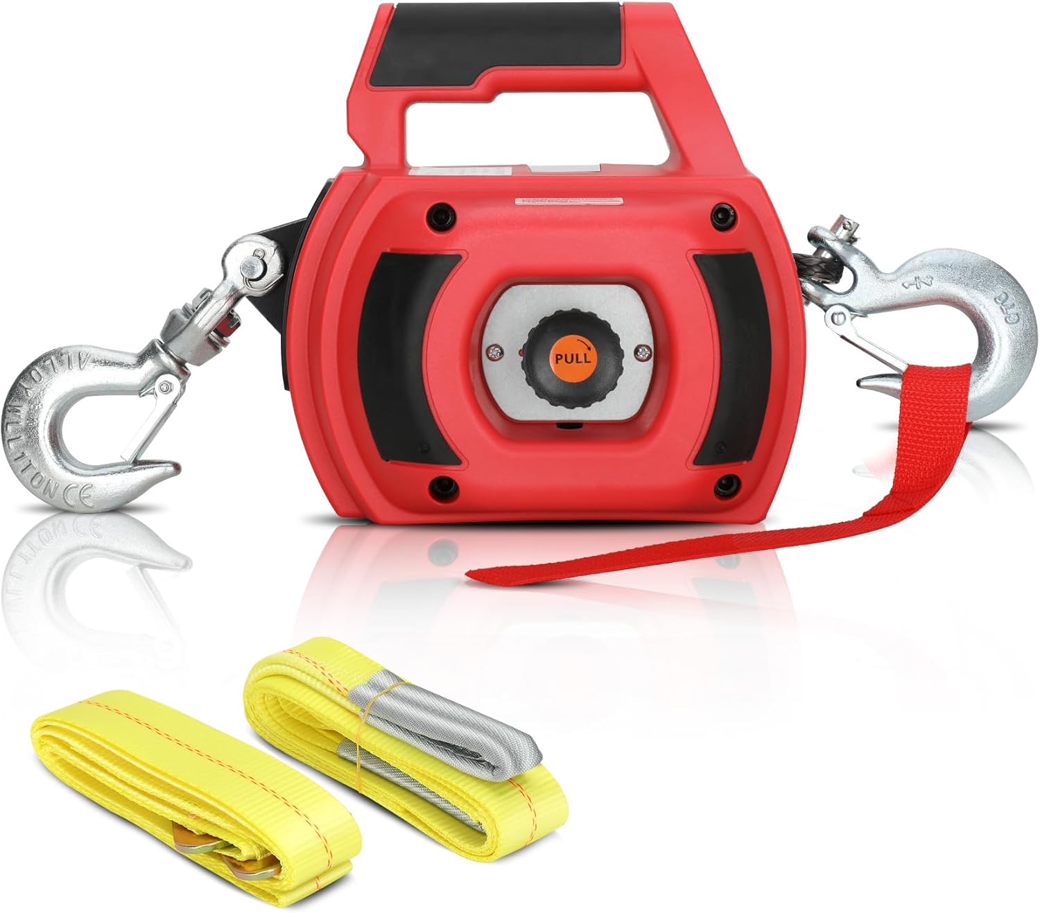 Portable Drill Winch of 1500 LB, Red Handheld Drill Winch with 40 Foot Synthetic Rope, Rotate The Hook 360 Degrees, for Lifting & Dragging（Down Strap with D Rings）