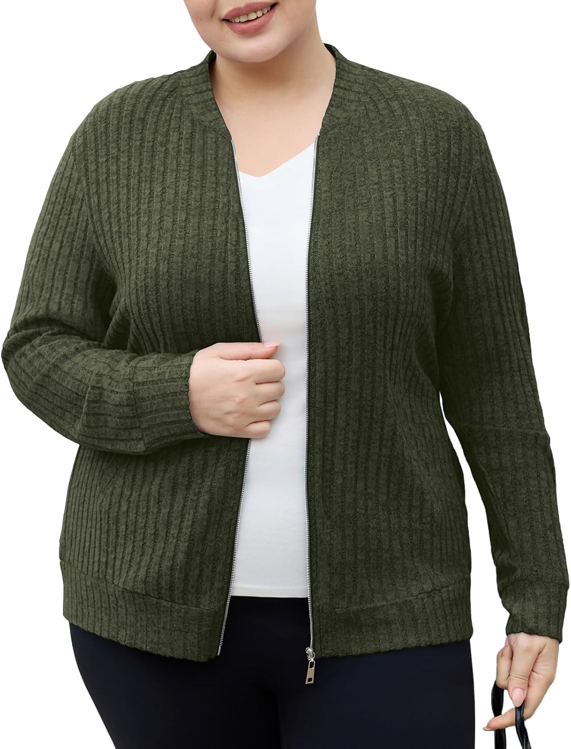 Plus Size Zip Up Sweaters for Women Casual Cardigan Sweater Long Sleeve Oversized Jacket with Pockets XL-5XL