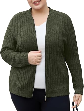 Plus Size Zip Up Sweaters for Women Casual Cardigan Sweater Long Sleeve Oversized Jacket with Pockets XL-5XL