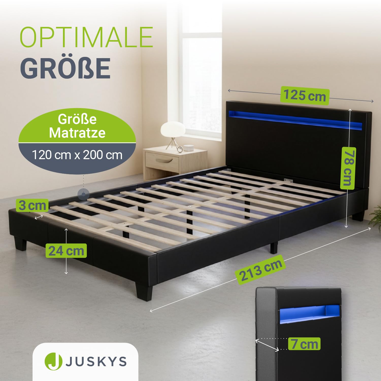 Juskys Polsterbett Paris 120x200 cm - Bett komplett mit LED-Beleuchtung, Matratze und Lattenrost - Kunstleder Bezug - schwarz - Jugendbett