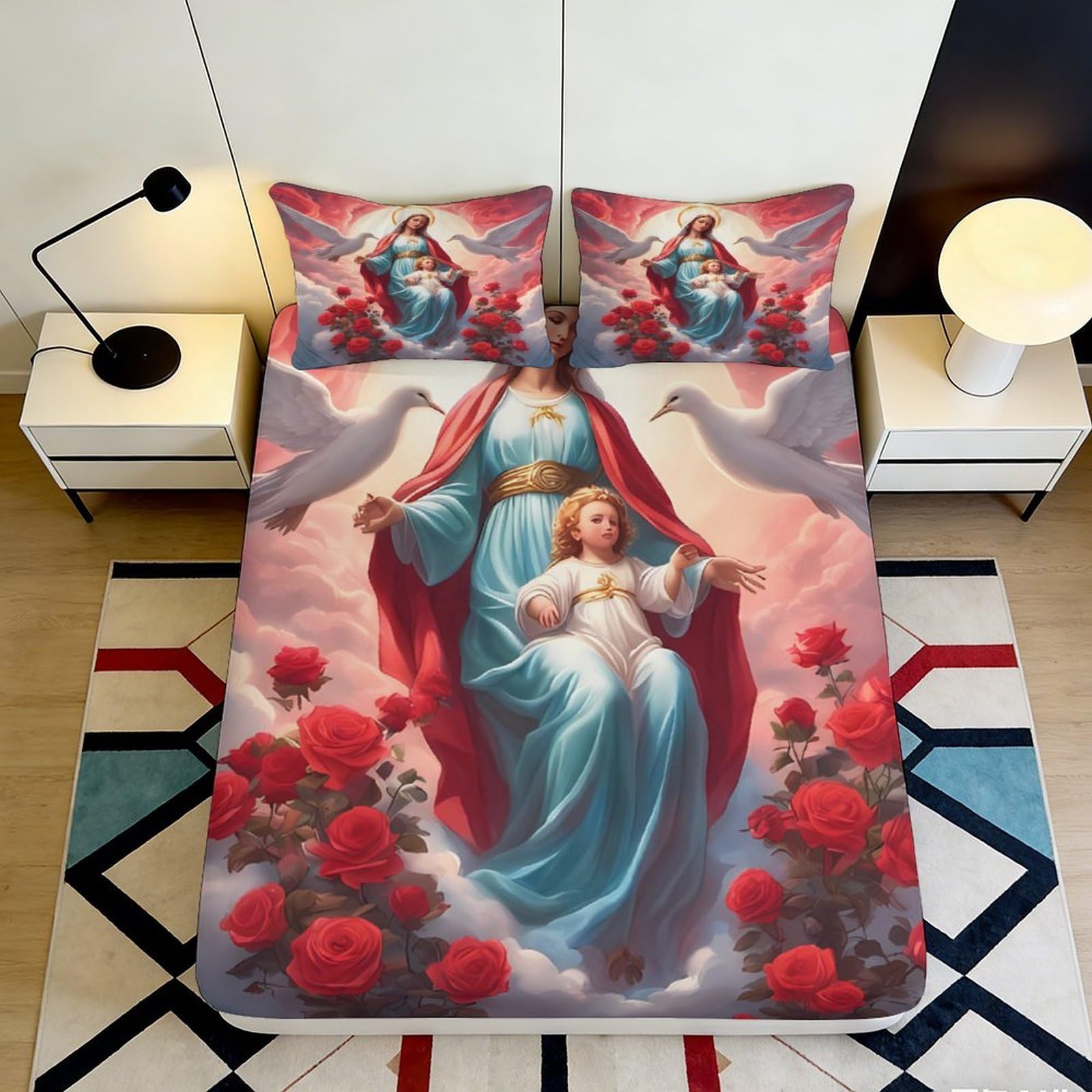 Pnayamiorkfel Style-2 3D Printed Virgin Mary Angel Fitted Sheet Microfiber Soft Red Rose Mattress Cover For Bedroom Dorm Decor 90X200x25cm