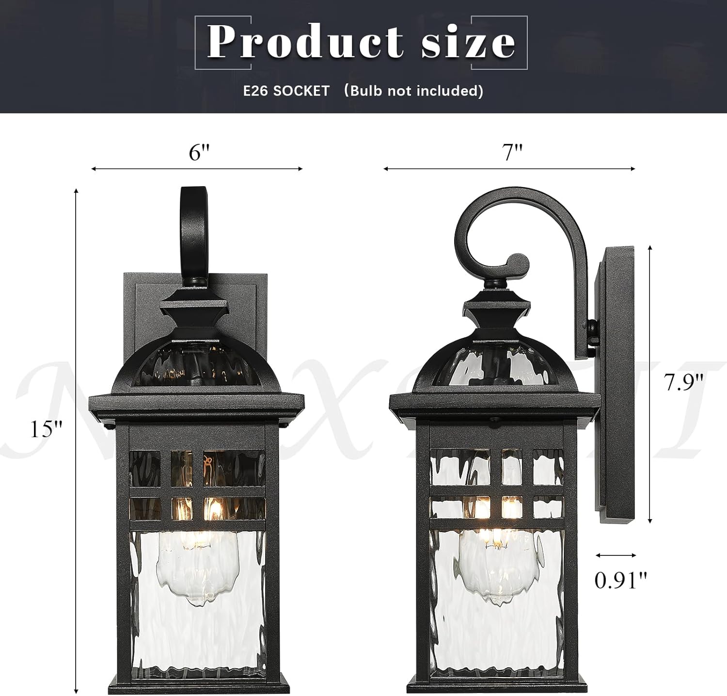 2-Pack Outdoor Wall Lanterns Exterior Waterproof Wall Sconce Light Fixture Black Outdoor Lighting Fixture with Water Ripple Glass Shade Outside Porch Light for Garage Patio and Doorway